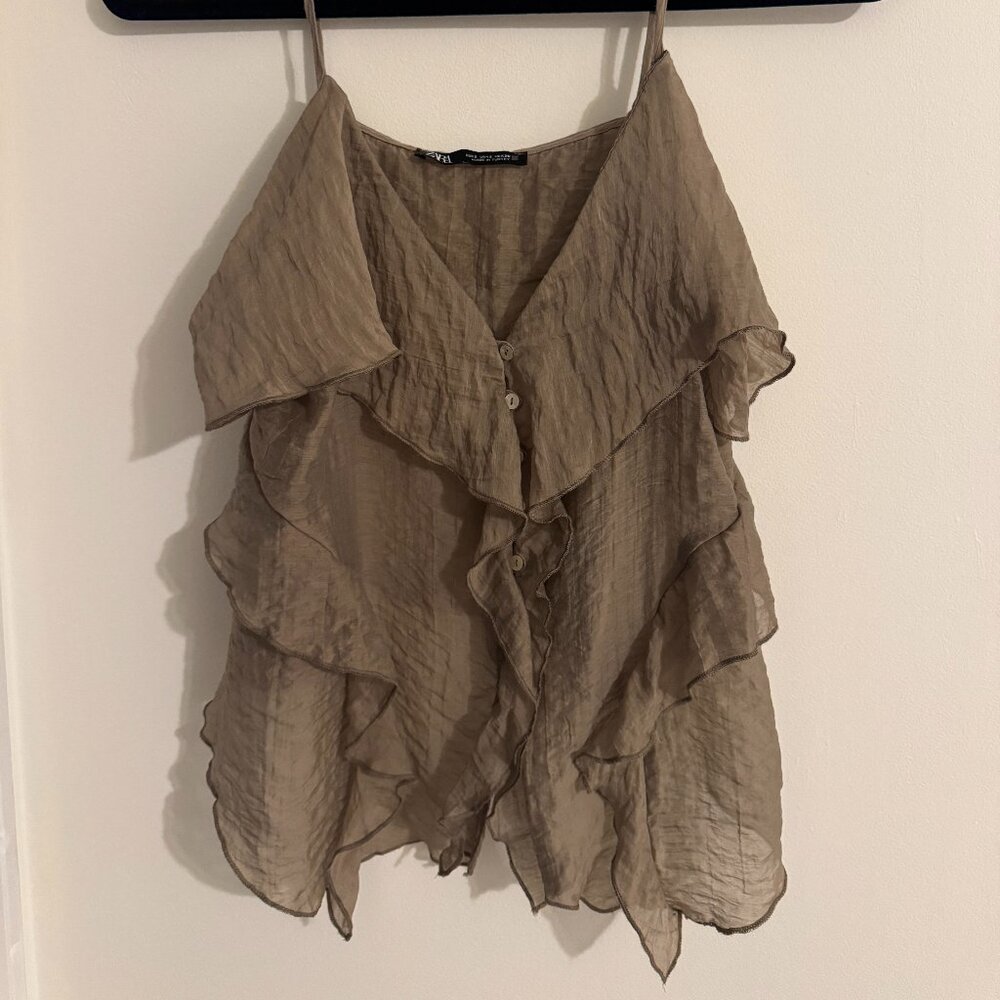Zara Taupe Ruffled Sleeveless Blouse